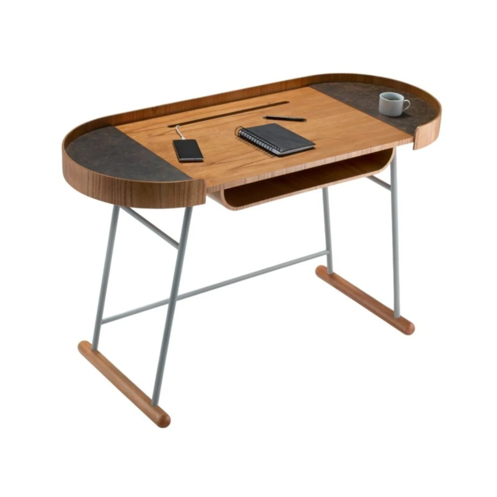 Escrivaninha Com Tampo Bandeja e Base na LĂąmina AmĂȘndoa Suave Estrutura Cinza Cimento Laterais Recouro Ecosmart CafĂ© L 1365 x P 555 A 855 mm Meridiano Design Cosmo