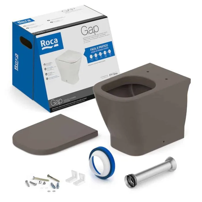 Kit Bacia Convencional, Assento Termofixo com Queda Amortecida e Itens de Instalação Café Roca GAP
